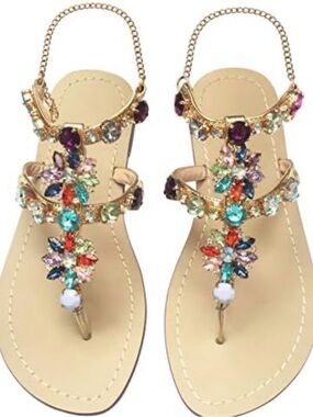 SHEIN Gold T-Strap Sandals with Multicolor Gem Embellishments